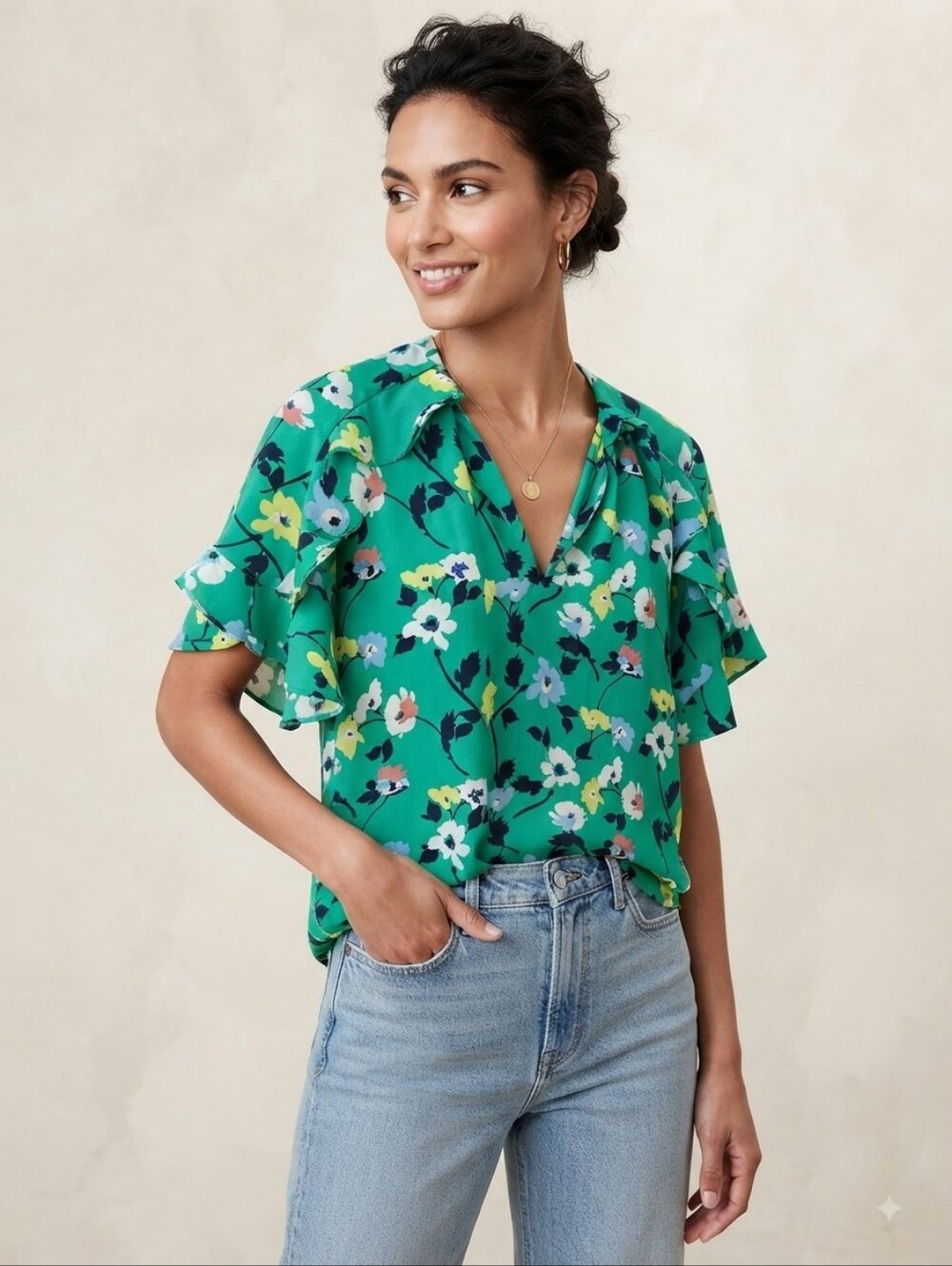 Banana Republic Factory Green Floral Blouse Size XS